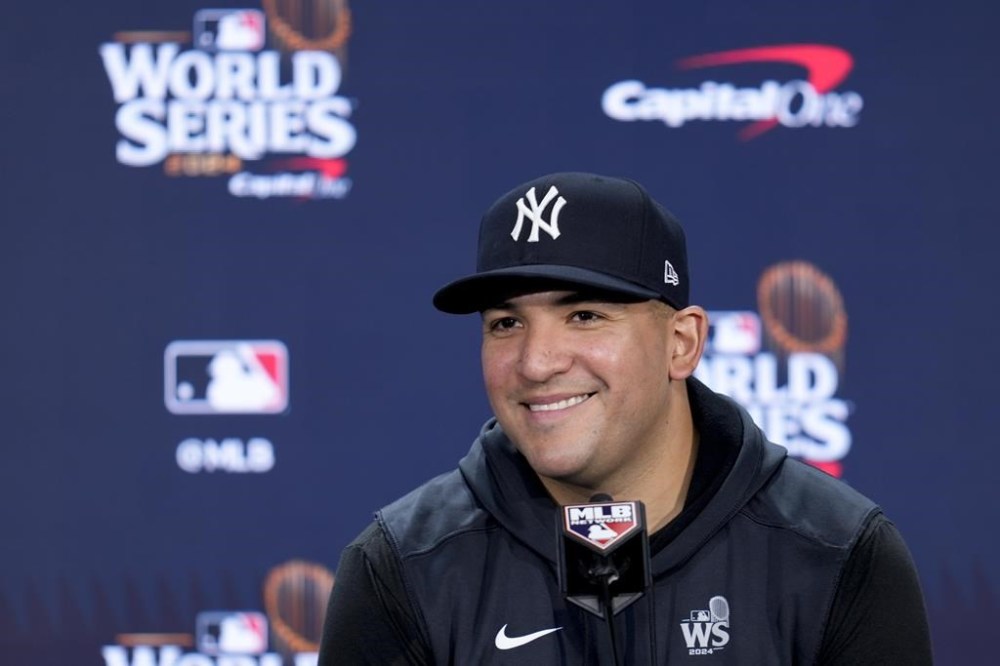 FILE - New York Yankees catcher Jose Trevino speaks during a news conference before Game 3 of the baseball World Series against the Los Angeles Dodgers, Monday, Oct. 28, 2024, in New York. (AP Photo/Ashley Landis, File)