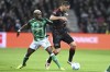 Werder's Derrick Koehn, left, and Berlin's Rani Khedira, right, challenge for the ball during the German Bundesliga soccer match between Werder Bremen and 1. FC Union Berlin in Bremen, Germany, Saturday, Dec. 21, 2024. (Carmen Jaspersen./dpa via AP)