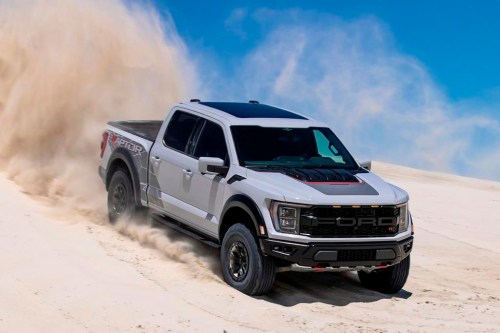 This photo provided by Ford shows the 2025 F-150 Raptor R. The Raptor R has a V8 engine and a specialized suspension that helps it stay in control when driving off-road at high speed. (Courtesy of Ford Motor Co. via AP)