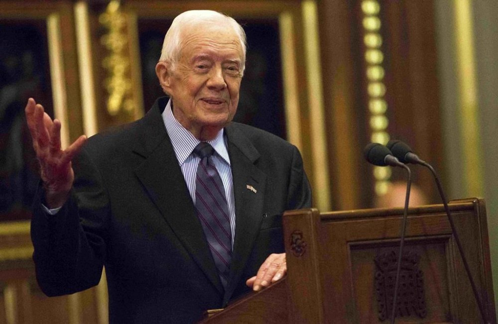 FILE - Former President Jimmy Carter speaks on the eradication of the Guinea worm, Feb. 3, 2016, at the House of Lords in London. (Neil Hall/Pool Photo via AP, File)