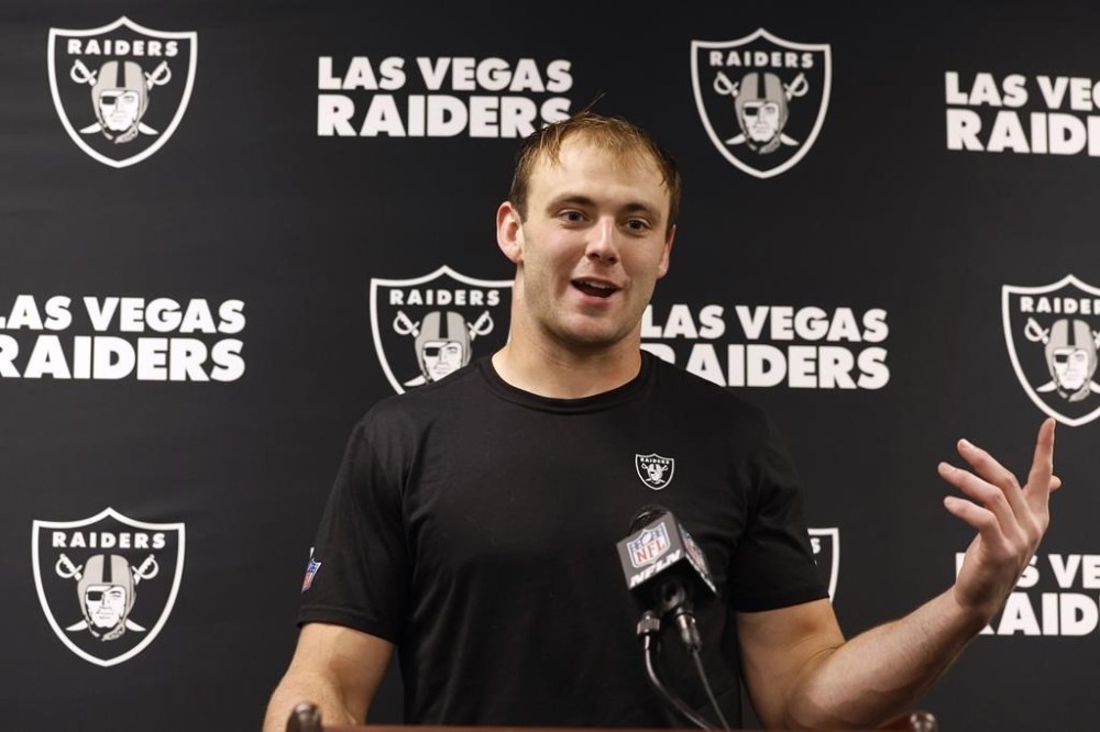 Las Vegas Raiders tight end Brock Bowers speaks during a news conference after an NFL football game against the New Orleans Saints, Sunday, Dec. 29, 2024, in New Orleans. (AP Photo/Butch Dill)