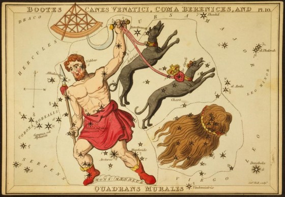 This 1825 etching provided by the Library of Congress shows an astronomical chart depicting Bootes the Ploughman holding a spear, a sickle, and two dogs, Asterion and Chara, on leashes, a quadrant, and the hair of Berenice forming the constellations. (Sidney Hall/Library of Congress via The Associated Press)