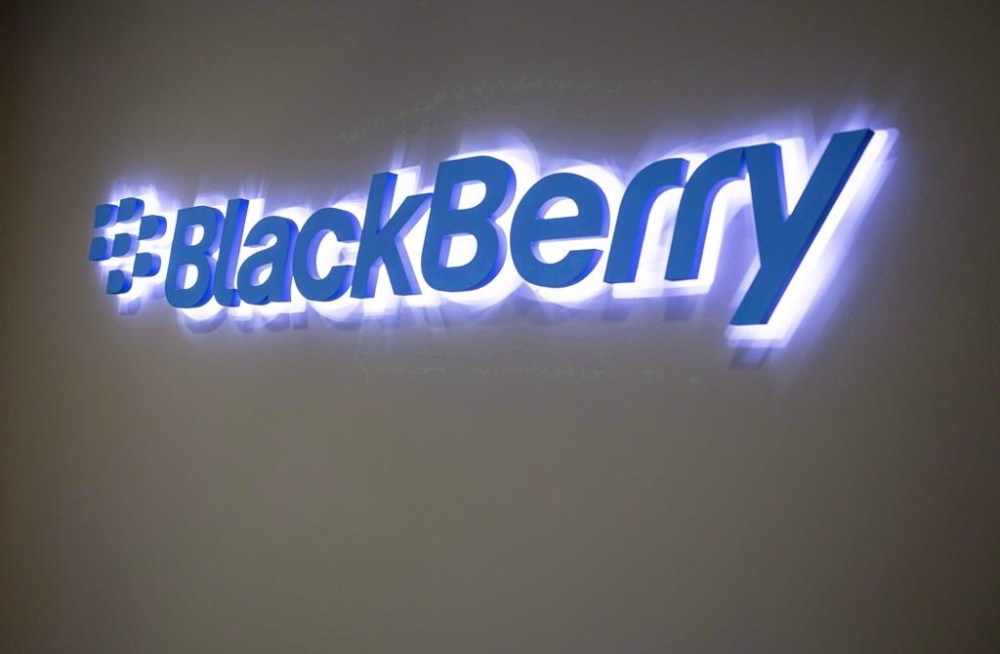 The BlackBerry logo located in the lobby of the company's B building is shown in Waterloo, Ont. on May 29, 2018. THE CANADIAN PRESS/Andrew Ryan