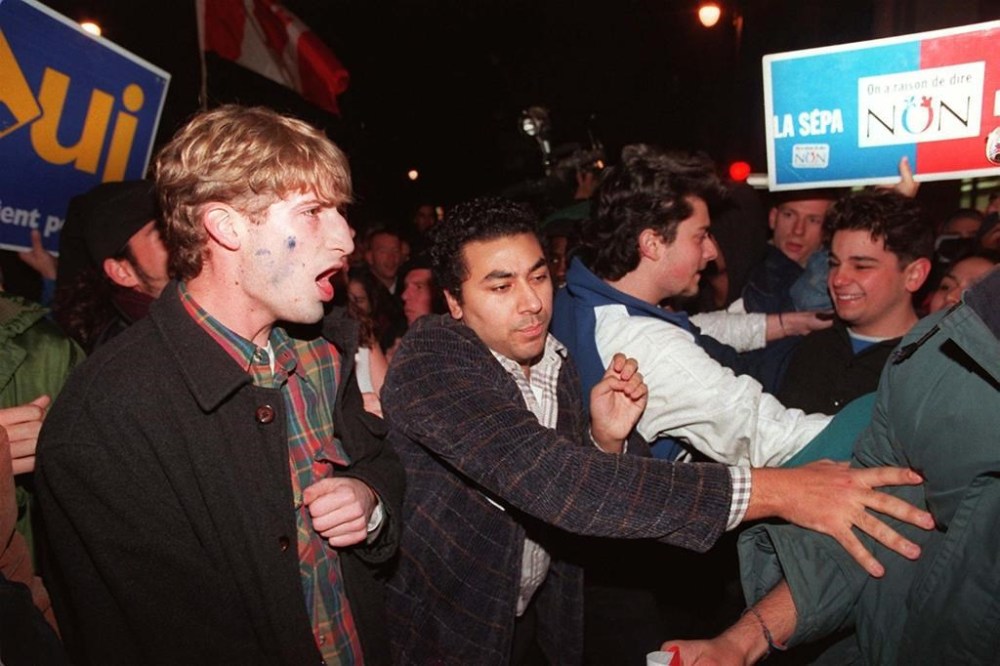 Members of the Yes and No camps clash on the streets of Montreal after the No victory in the Quebec referendum Oct. 30, 1995. THE CANADIAN PRESS/Tom Hanson