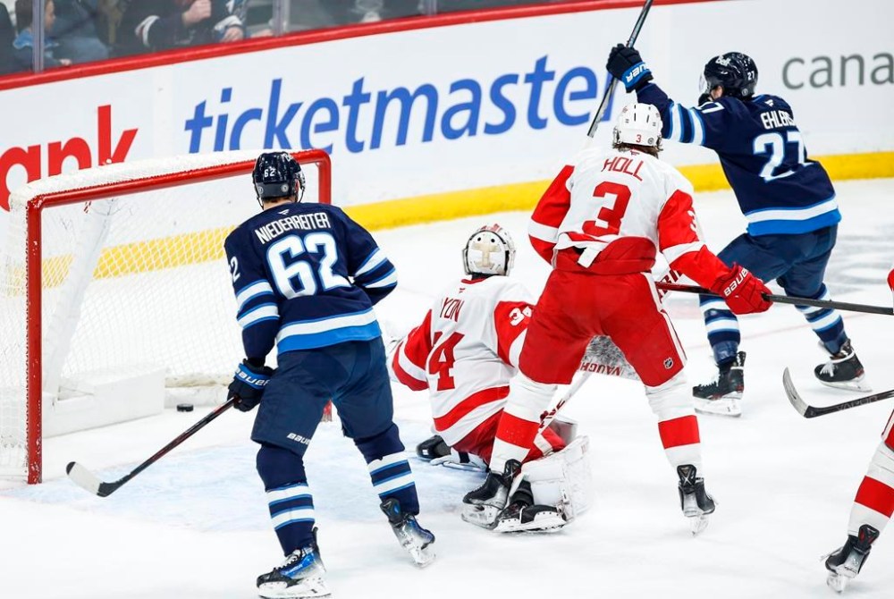 Winnipeg Jets' Nikolaj Ehlers (27) celebrates his goal against the Detroit Red Wings during third period NHL action in Winnipeg, Saturday, Jan. 4, 2025. THE CANADIAN PRESS/John Woods