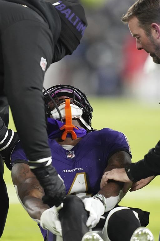 Baltimore Ravens wide receiver Zay Flowers pauses after being injured during the first half of an NFL football game against the Cleveland Browns Saturday, Jan. 4, 2025, in Baltimore. (AP Photo/Stephanie Scarbrough)