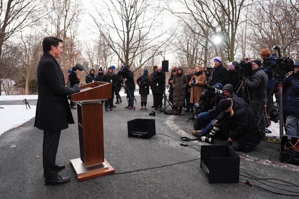 Prime Minister Justin Trudeau announces his resignation as Liberal leader and prime minister outside Rideau Cottage in Ottawa on Monday, Jan.6, 2025. THE CANADIAN PRESS/Sean Kilpatrick