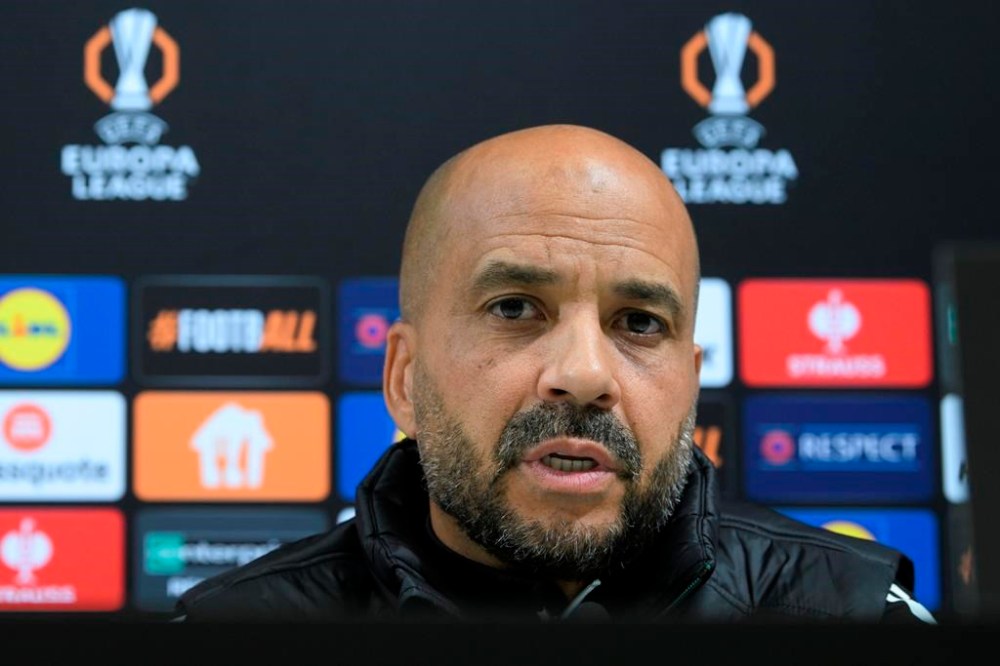 FILE - Ferencvaros' head coach Pascal Jansen speaks during a press conference in Budapest, Hungary, Wednesday, Oct. 2, 2024, ahead of the Europa League soccer match between Ferencvaros and Tottenham Hotspur. (Szilard Koszticsak/MTI via AP, File)