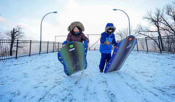 Logan and Winter Walden leap on their sleds as they race down the hill at Assiniboine Park Friday.  The brothers had a day off school, so their mom, Rozz Walden, took them out tobogganing for the first time this year. (Ruth Bonneville / Free Press)