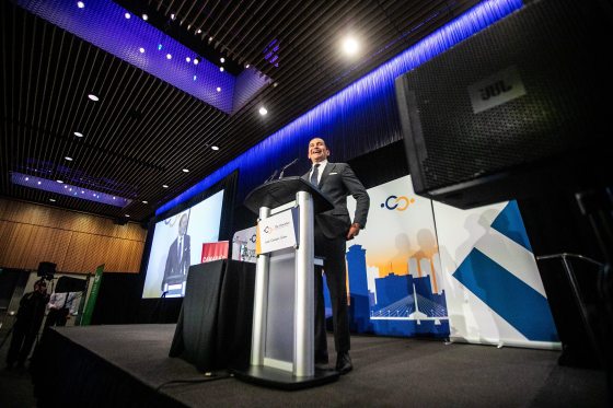 Premier Wab Kinew gives his state of the province speech at the RBC Convention Centre on Tuesday. (Mikaela MacKenzie / Free Press)