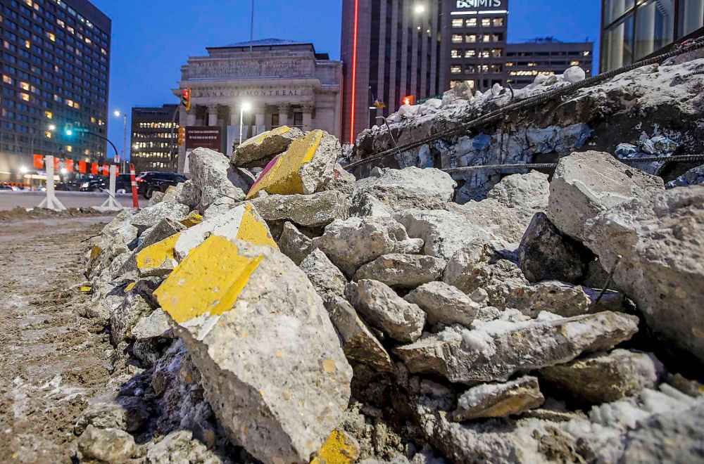The construction at Portage & Main is expected to be completed by July 1 to align with the transit system changes. (John Woods / Free Press)