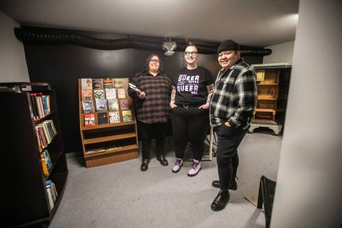 MIKAELA MACKENZIE / FREE PRESS
                                From left: Revolution Wellness Centre&rsquo;s Carla Taylor co-founded Matter Queer Space with spouses Bre Cristobal Calma and Nix Cristobal Calma in the basement below the centre.