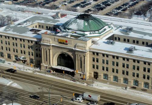 BORIS MINKEVICH / FREE PRESS FILES
                                Photos of the city taken from the Prairie 360 restaurant, formerly known as Revolving Restaurant (Fort Garry Place/Garry Street). Union Station is the inter-city railway station for Winnipeg, Manitoba. VIA Rail. Feb. 8, 2017
