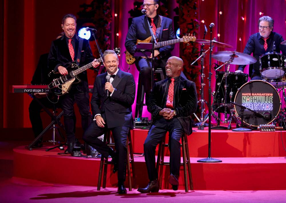 Jon Morgan/CBS
Comedian Nate Bargatze (left, with Darius Rucker) hosts a one-hour holiday-themed variety show on CBS.