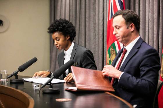 Health Minister Uzoma Asagwara (left) and Finance Minister Adrien Sala presented the province’s fiscal update Monday. (Mikaela MacKenzie / Free Press)