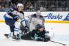 LINDSEY WASSON / THE ASSOCIATED PRESS FILES
                                Winnipeg Jets defenseman Logan Stanley, left, and goaltender Connor Hellebuyck, back center, collide with Seattle Kraken center Jaden Schwartz (17) as they stop his run on the goal during the second period of an NHL hockey game Thursday, Oct. 24, 2024, in Seattle.