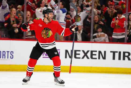 Chicago Blackhawks left wing Taylor Hall celebrates after scoring his third goal during the second period of an NHL hockey game against the Dallas Stars on Nov. 27 in Chicago. (Melissa Tamez / The Associated Press)