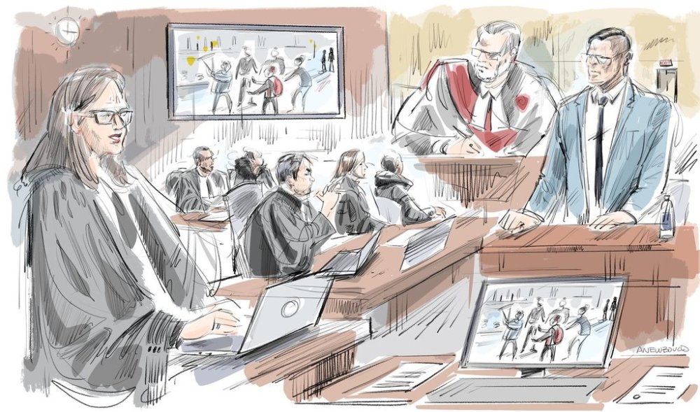 Crown prosecutor Mary Humphrey, left to right, defence lawyer Ayderus Alawi, Alawi's accused client, defence lawyer Boris Bytensky, defence lawyer Kathryn Doyle, Bytensky and Doyle's accused client, Justice Phillip Campbell and Toronto police Det. Rodney Benson appear in a courtroom sketch made in Toronto, Tuesday, Feb. 4, 2025. THE CANADIAN PRESS/Alexandra Newbould
