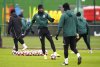 Aston Villa's Jhon Duran, center, attends a training session in Bodymoor Heath, England, Monday Jan. 20, 2025 ahead of the Champions League soccer match between Aston Villa and AS Monaco. (David Davies/PA via AP)