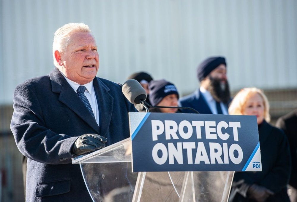 Ontario Premier Doug Ford speaks to the press at Triple M Metal in Brampton on Saturday Feb. 1, 2025. THE CANADIAN PRESS/Eduardo Lima