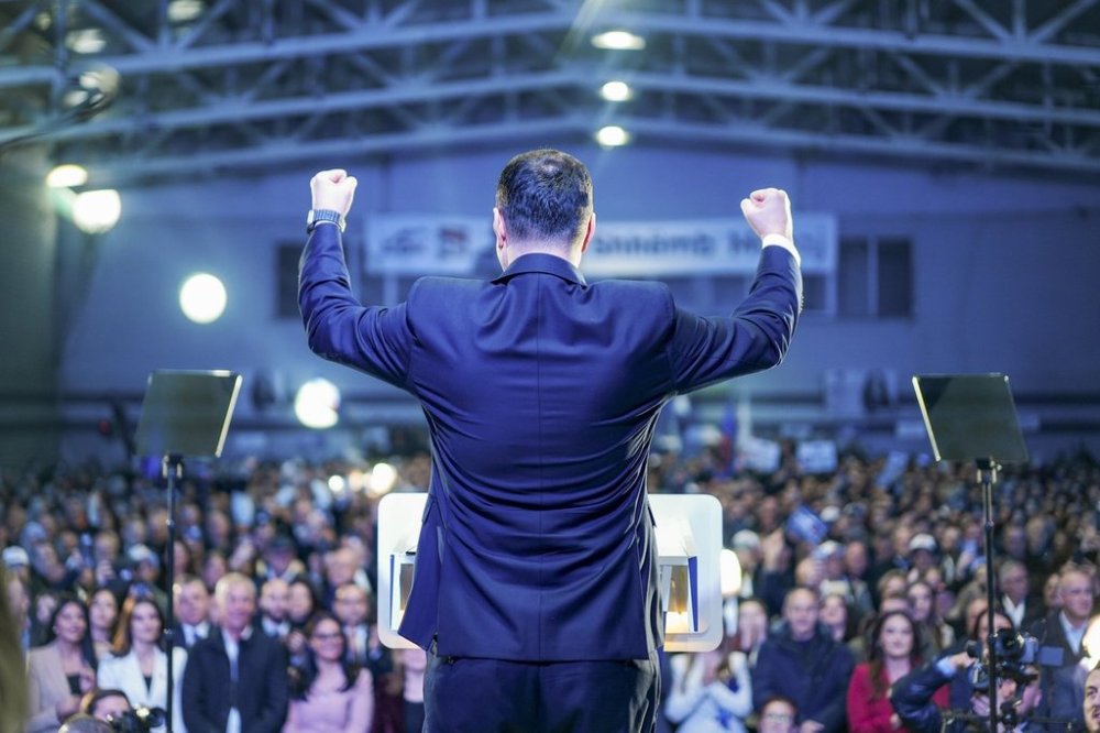 Lumir Abdixhiku addresses supporters during a campaign rally ahead of the parliamentary election in Istog, Kosovo, Wednesday, Feb. 5, 2025. (Ermal Meta/LDK via AP)