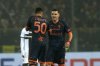 Lecce's Nikola Krstovic, right, celebrates scoring during the Serie A soccer match between Parma and Lecce at Ennio Tardini Stadium in Parma, Italy, Friday Jan. 31, 2025. (Massimo Paolone/LaPresse via AP)