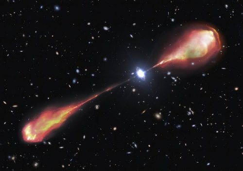 This image provided by NSF's NOIRLab shows an artist's illustration of the largest radio jet ever found in the early Universe. (M. Garlick/NOIRLab/NSF/AURA via AP)