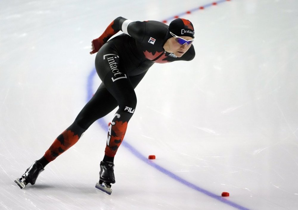Canada's Isabelle Weidemann races in the women's 5000-metre event at the ISU World Cup Speed Skating in Calgary, Friday, Jan. 24, 2025. The winner of a complete set of medals and Canada's Olympic flag-bearer in Beijing's closing ceremonies is in debt. THE CANADIAN PRESS/Todd Korol