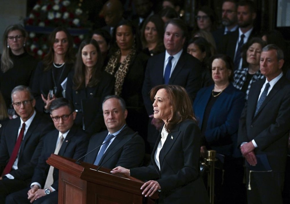 FILE - Vice President Kamala Harris delivers a eulogy for former President Jimmy Carter as he lies in state during a ceremony in the Capitol on Jan. 7, 2025, in Washington. (Ricky Carioti/The Washington Post via AP, Pool, File)