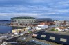 An aerial view of the newly constructed Everton Stadium at Bramley Moore Dock, Liverpool, the soon-to-be new home of Everton Football Club, Monday Dec. 30, 2024. (Peter Byrne/PA via AP)
