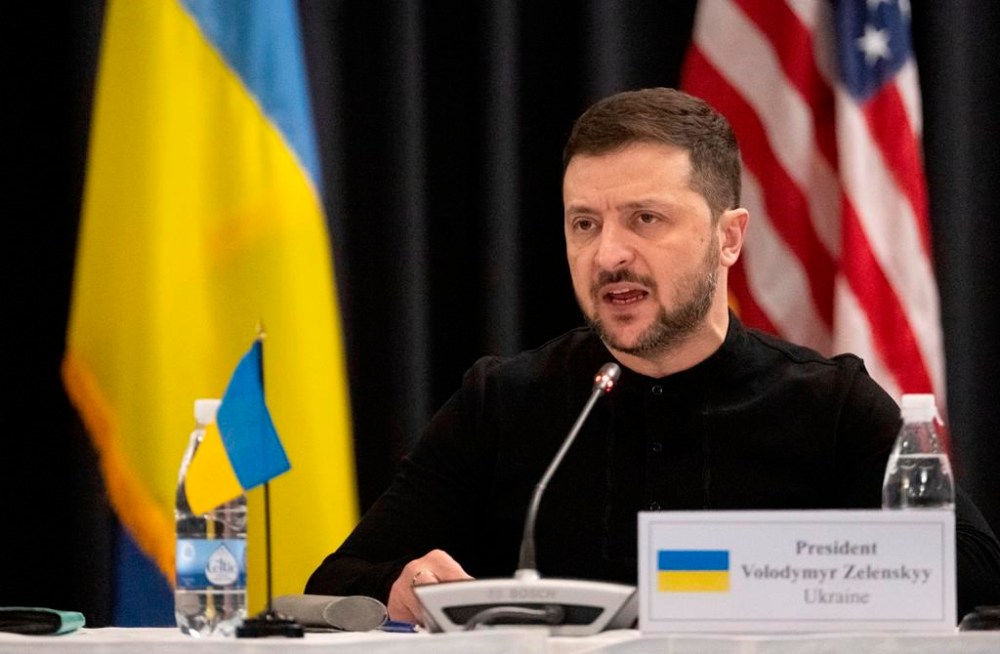 Ukrainian President Volodymyr Zelenskyy attends a meeting of the Ukraine Contact Group at Ramstein Air Base, Germany, Thursday, Jan. 9, 2025. (Marijan Murat/dpa via AP)