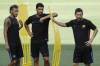 FILE - Barcelona's Neymar, left, Luis Suarez, center, and Lionel Messi look on during a training session ahead of an International Champions Cup soccer match against Juventus, Friday, July 21, 2017, in Harrison, N.J. (AP Photo/Julio Cortez, File)