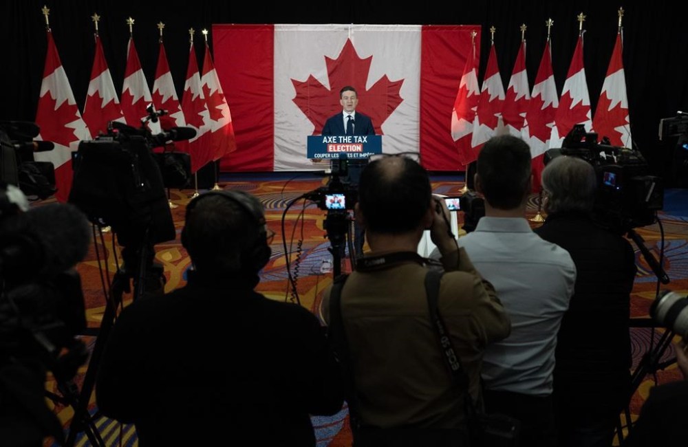 Conservative leader Pierre Poilievre speaks with reporters during a news conference, Thursday, Jan. 9, 2025 in Ottawa. THE CANADIAN PRESS/Adrian Wyld