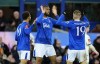 Everton's Beto, center, celebrates scoring during the English FA Cup third round soccer match between Everton and Peterborough United at Goodison Park, Liverpool, England, Thursday Jan. 9, 2025. (Peter Byrne/PA via AP)