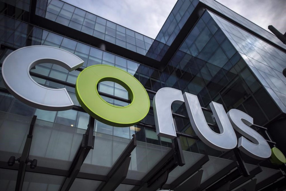 The Corus logo at Corus Quay in Toronto is shown on Friday, June 22, 2018. THE CANADIAN PRESS/ Tijana Martin