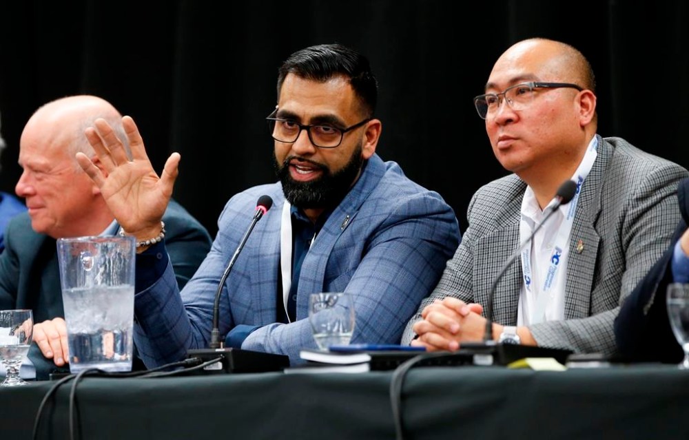 Manitoba PC legislature member Obby Khan speaks at a Ministerial Bear Pit Session during the Progressive Conservative Party's annual general meeting at the convention centre in Winnipeg on Saturday, April 15, 2023. THE CANADIAN PRESS/John Woods