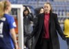 San Diego Wave coach Casey Stoney, right, reacts during the second half of an NWSL soccer match against the OL Reign, April 14, 2022, in Seattle. THE CANADIAN PRESS/AP-Ted S. Warren