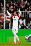 Frankfurt's Omar Marmoush celebrates scoring a goal, during the German Bundesliga soccer match between FC St. Pauli and Eintracht Frankfurt, in Hamburg, Germany, Saturday, Jan. 11, 2025. (Gregor Fischer/dpa via AP)