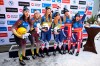 The winners Selina Egle, 3rd from left and Lara Michaela Kipp, 4th from left, ofAustria, the runners-up Jessica Degenhardt, left and Cheyenne Rosenthal, 2nd from left of Germany and third-placed Chevonne Chelsea Forgan, 2nd from right and Sophia Kirby, right, of the USA celebrated after the women's doubles competition, during the Luge World Cup, in Altenberg, Germany, Saturday, Jan. 11, 2025. (Robert Michael/dpa via AP)