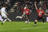 Marseille's Mason Greenwood, left, scores his side's first goal during the French League One soccer match between Rennes and Marseille in Rennes, France, Saturday Jan. 11, 2025. (AP Photo/Mathieu Pattier)