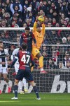 Parma's Zion Suzuki saves a ball, during the Italian Serie A soccer match between Genoa and Parma at the Luigi Ferraris Stadium in Genoa, Italy, Saturday, Jan. 12, 2025. (Tano Pecoraro/LaPresse via AP)