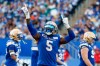 Winnipeg Blue Bombers' Willie Jefferson (5) celebrates his tackle against the Saskatchewan Roughriders during the second half of CFL Banjo Bowl action in Winnipeg Saturday, September 7, 2024. THE CANADIAN PRESS/John Woods