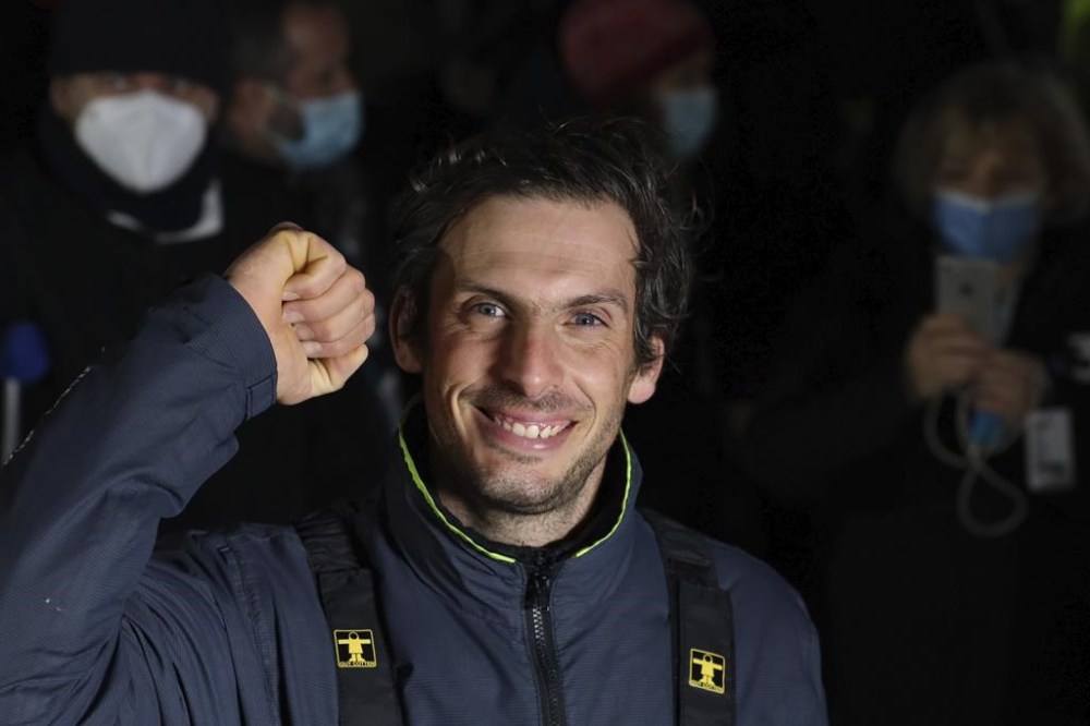 FILE - French yachtman Charlie Dalin clenches his fist in Les Sables-d'Olonne, western France, Wednesday, Jan. 27, 2021. (AP Photo/Yohan Bonnet, File)