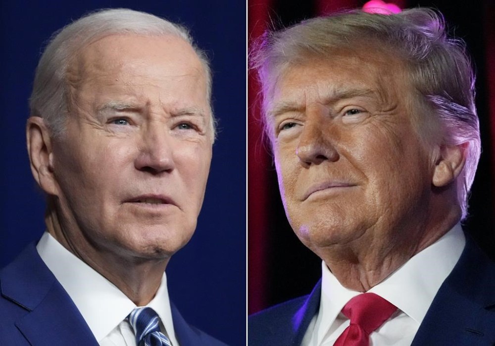 FILE - This combination of photos show President Joe Biden, left, in Salt Lake City on Aug. 10, 2023, and former President Donald Trump in Las Vegas on July 8, 2023. (AP Photo, File)