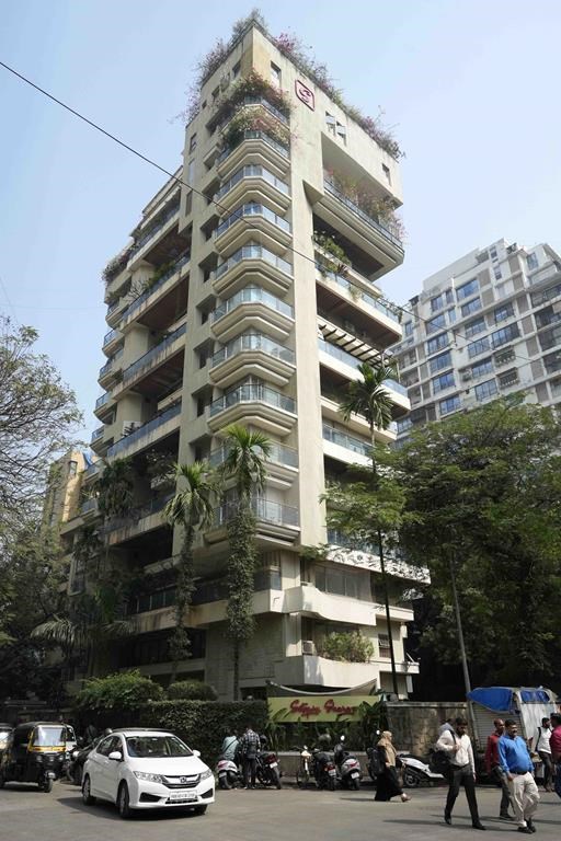 The residential building that houses the home of Bollywood actor Saif Ali Khan where he was stabbed following a scuffle with an intruder in Mumbai, Thursday, Jan. 16, 2025. (AP Photo/Rajanish Kakade)