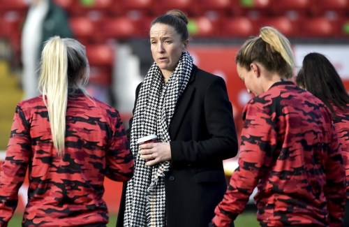 Manchester United manager Casey Stoney talks to her players during their English Women's Super League soccer match with Aston Villa in Walsall, England, Dec. 5, 2020. 
From doing the laundry at Arsenal to working as a coach at the David Beckham Academy, Stoney has had to work hard to get where she is today. THE CANADIAN PRESS/AP/Rui Vieira