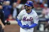 FILE - New York Mets' Jesse Winker (3) reacts after hitting a solo home run against the Philadelphia Phillies during the fourth inning of Game 3 of the National League baseball playoff series, Tuesday, Oct. 8, 2024, in New York. (AP Photo/Frank Franklin II, File)