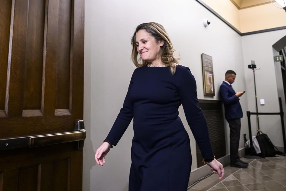 Liberal MP Chrystia Freeland, former minister of finance and deputy prime minister, leaves after attending a meeting of the Liberal caucus in West Block on Parliament Hill on Wednesday, Jan. 8, 2025. THE CANADIAN PRESS/Justin Tang