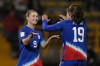 United States' Ally Sentnor, left, celebrates scoring her side's fifth goal against Paraguay during a U-20 Women's World Cup soccer match in Bogota, Colombia, Saturday, Sept. 7, 2024. (AP Photo/Fernando Vergara, File)