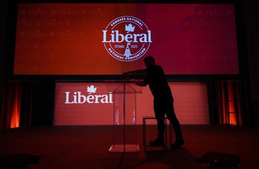 The lectern is installed before keynote addresses at the 2023 Liberal National Convention in Ottawa, on Thursday, May 4, 2023. THE CANADIAN PRESS/Justin Tang